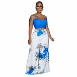 Blue Women Straps Diamonds V-Neck Crop Top Printed Fashion Width Trousers Dress Sets