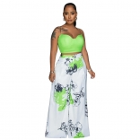 Green Women Straps Diamonds V-Neck Crop Top Printed Fashion Width Trousers Dress Sets