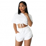 White Short Sleeve Women Lace Up Crop Top Sexy Fashion Pants Dress Sets