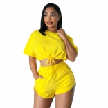 Yellow Short Sleeve Women Lace Up Crop Top Sexy Fashion Pants Dress Sets