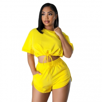 Yellow Short Sleeve Women Lace Up Crop Top Sexy Fashion Pants Dress Sets