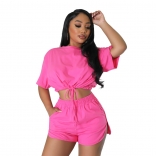 Pink Short Sleeve Women Lace Up Crop Top Sexy Fashion Pants Dress Sets