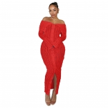 Red Off-Shoulder Mesh Wave Long Sleeve Women See Through Party Long Dress