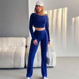 Blue Women Long Sleeve Striped O-Neck Crop Top Slim Fit Bodycon Jumpsuit Dress