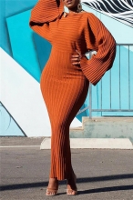 Orange Women Long Sleeve Cotton Striped Bodycon Fashion Slim Fit OL Midi Dress