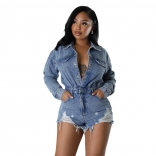 LightBlue Long Sleeve Button Tassels Hollow Sexy Club Rompers