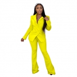 Yellow Women Long Sleeve Deep V-Neck Fashion Solid Casual Suit Dress Sets