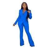 Blue Women Long Sleeve Deep V-Neck Fashion Solid Casual Suit Dress Sets