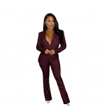 WineRed Women Long Sleeve Deep V-Neck Fashion Solid Casual Suit Dress Sets