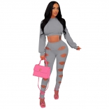 Gray Long Sleeve Women Hoody Crop Tops Hollow Out Sexy Club Jumpsuit Dress