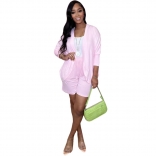 Pink Women Fashion Casual Loose Long Sleeved Cardigan Two Piece Short Dress Sets