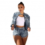 Blue Women Long Sleeve Embroidered Zipper Jeans Sexy Stretch Shorts Denim Dress Suits