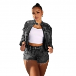 Black Women Long Sleeve Embroidered Zipper Jeans Sexy Stretch Shorts Denim Dress Suits