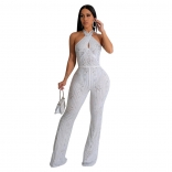 White Women's Halter Neck Backless Mesh See Through Rhinestones Bodycon Fromal Party Jumpsuit Dress