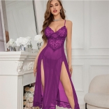 Purple Straps Lace V Neck See Through Sexy Erotic Gown Tracksuit Long Lingerie