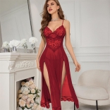 WineRed Straps Lace V Neck See Through Sexy Erotic Gown Tracksuit Long Lingerie