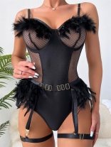 Black Halter Feather Hollow Mesh Sexy One Piece Lingerie Dress