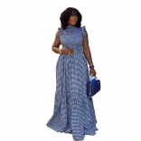 Blue Sleeveless Women Printed Fashion Casual Long Skirt Dress