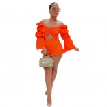 OrangeRed Women Off Shoulder Elastic Crop Tops Pleated Sexy Short Sets Dress