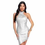 Silver Shiny Halter Cut Out Sexy Party Club Dress