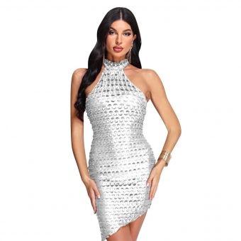 Silver Shiny Halter Cut Out Sexy Party Club Dress