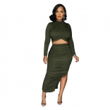 Green Solid Pleated Hollow Sexy Formal Midi Dress