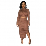 Brown Solid Pleated Hollow Sexy Formal Midi Dress