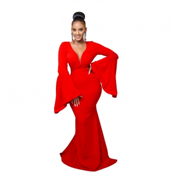 Red Luxury Low Cut V-Neck Bell Sleeves Slim Evening Long Dress