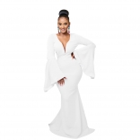 White Luxury Low Cut V-Neck Bell Sleeves Slim Evening Long Dress