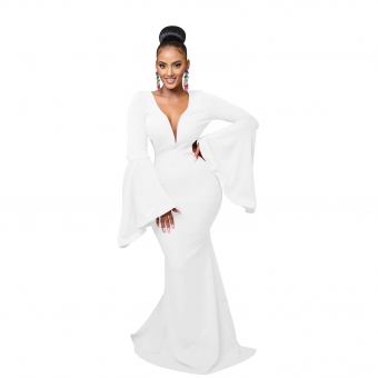White Luxury Low Cut V-Neck Bell Sleeves Slim Evening Long Dress