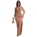 Pink Short Sleeve Hollow Out Bodycons Evening Party Long Dress