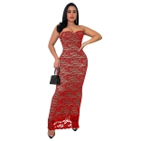 Red Straps Halter Low Cut Lace Hollow Out Prom Party Midi Dress