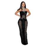 Black Luxury Off Shoulder Hollow Velvet Straps Sexy Party Midi Dress
