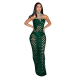Green Luxury Off Shoulder Hollow Velvet Straps Sexy Party Midi Dress