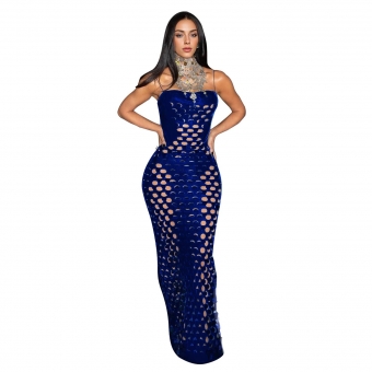 Blue Luxury Off Shoulder Hollow Velvet Straps Sexy Party Midi Dress