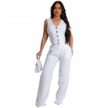 White Sleeveless Button V-Neck Vest Two Pieces Casual Jumpsuit Dress