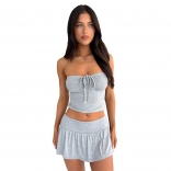 Gray Off-Shoulder Lace Up Crop Tops Lining Pleated Sexy Short Skirt Sets