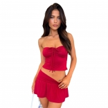 Red Off-Shoulder Lace Up Crop Tops Lining Pleated Sexy Short Skirt Sets