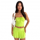 Green Off-Shoulder Lace Up Crop Tops Lining Pleated Sexy Short Skirt Sets