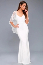 White Lace Straps Low Cut Bodycon Formal Long Dress