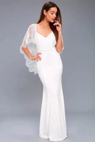 White Lace Straps Low Cut Bodycon Formal Long Dress