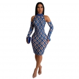 Blue Halter Neck Sequins Mesh Bodycon Party Mini Dress with Gloves