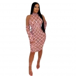 Pink Halter Neck Sequins Mesh Bodycon Party Mini Dress with Gloves