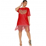 Red Short Sleeve Sequins O-Neck Tassels Women T-Skirt