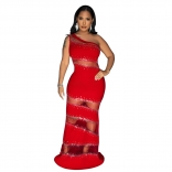 Red Halter Sleeveless Mesh Hollow Out Rhinestone Sexy Long Prom Dress