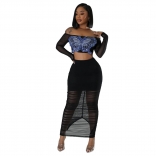 Black Long Sleeve Mesh Crop Tops Bodcyon Sexy Midi Dress