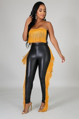 Gold Off Shoulder Tassels Crop Tops Girding Bodycon Sexy Dance Jumpsuit