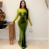 Green Mesh Long Sleeve Velvet Rhinestone Evening Formal Long Dress