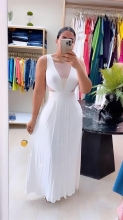 White See Through Backless Pleated Elastic Waist Long Dress