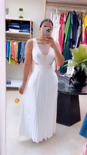 White See Through Backless Pleated Elastic Waist Long Dress
